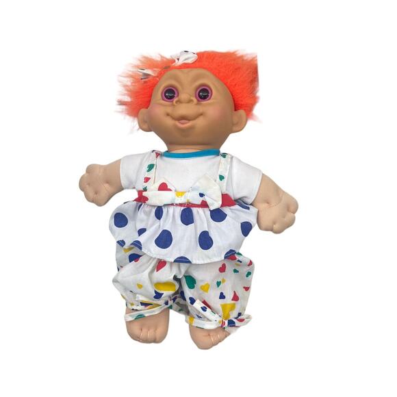 MT Multi Toys 1992 Troll Doll 12" GLO Girl Polka Dot Heart Orange Hair Pink Eyes - Picture 6 of 9
